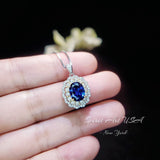 Blue Sapphire Necklace - Double Halo Gemstone - Blue Sapphire Pendant 18KGP @ Sterling Silver - September Birthstone - 2.3CT Oval #592