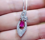 Super Tiny Ruby Necklace - Sterling Silver Diamond Leaf Butterfly Pendant - White Gold 18KGP July Birthstone -Teardrop Red Ruby Jewelry #319