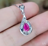 Super Tiny Red Ruby Necklace - Sterling Silver Gemstone Halo Ruby Pendant - Teardrop Cut Minimalist Style July Birthstone Ruby Jewelry #266