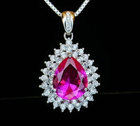 Double Halo Teardrop Pink Topaz Necklace - Gemstone Halo Teardrop Fuchsia Sapphire Pendant - 3 ct White Gold Coated Sterling Silver #758