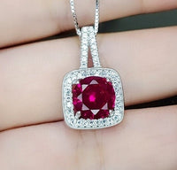 Red Ruby Necklace, Sterling Silver Square Dainty Ruby Pendant, 8 mm 2CT High Quality July Birthstone #247