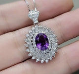 Natural Amethyst Necklace Double Halo Luxury Pendant Genuine Amethyst Jewelry- Chakra Healing 18KGP @ Sterling Silver adjustable chain #834B