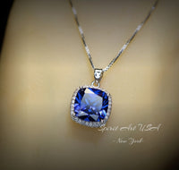 Large Tanzanite Necklace - 18KGP @ Sterling Silver - Halo Square Cushion Deep Blue 5CT Tanzanite #696