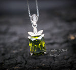 Rectangular Peridot Necklace - White Gold Sterling Silver Gemstone Flower Green Peridot Pendant - August Birthstone #966