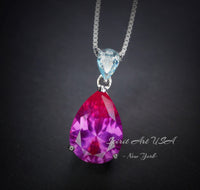 Large Pink Sapphire Necklace - 5.5 CT Teardrop Fuchsia Pink Sapphire Pendant - White Gold Coated Sterling Silver Pink Sapphire Jewelry #747