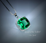 Large Emerald Necklace - Sterling Silver Square 10 mm lab created Green Emerald Pendant - May Birthstone 18KGP #958