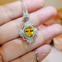 Lab Created Yellow Moissanite Gemstone Necklace - 18KGP @ Sterling Silver - White Gold - Royal Flower - November Birthstone #661