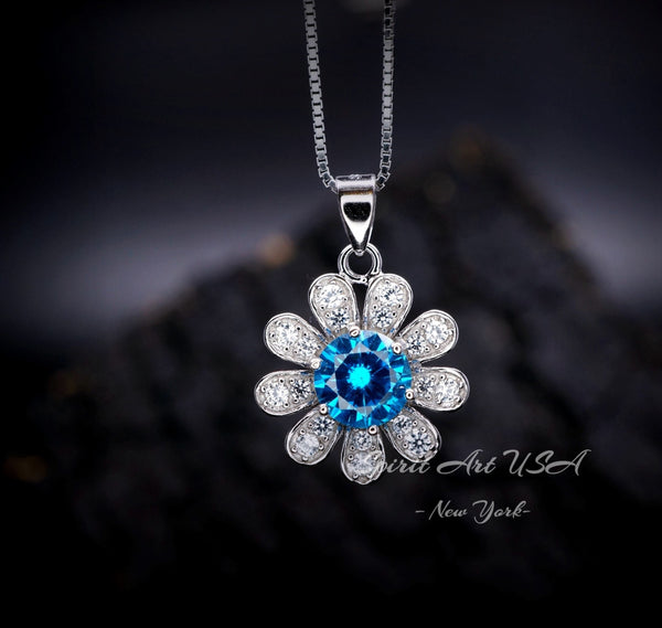 Blue Topaz Necklace - Blue Topaz Pendant - Sunflower Necklace - 18KGP Sterling Silver 047