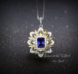 Blue Tanzanite Necklace Gemstone Water Lily Flower Pendant - 18k @ Sterling Silver - 1 CT Rectangle Lab Created Blue Tanzanite Jewelry #650