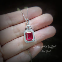 Ruby Necklace Rectangle red Pendant - 18KGP @ Sterling Silver - July Birthstone adjustable chain #299