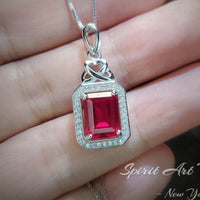 Ruby Necklace - Rectangle Ruby Pendant - 18KGP @ Sterling Silver - July Birthstone #299