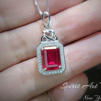 Ruby Necklace Rectangle red Pendant - 18KGP @ Sterling Silver - July Birthstone adjustable chain #299