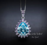 Large Aquamarine Necklace - Pink tourmaline accent Pendant - 18KGP @ Sterling Silver - Pear Cut 4 CT Aquamarine Pendant #596