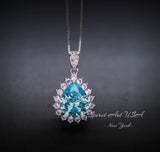 Large Aquamarine Necklace - Pink tourmaline accent Pendant - 18KGP @ Sterling Silver - Pear Cut 4 CT Aquamarine Pendant #596