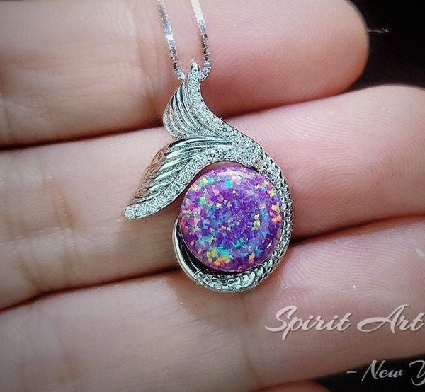 Purple Opal Necklace - Mermaid Fish Tail Pendant - 18KGP @ Sterling Silver #612