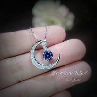 Blue Tanzanite Necklace - Gemstone Moon Pendant - 18KGP Sterling Silver - Crescent Two Separated Pendant Tiny December Birthstone #232