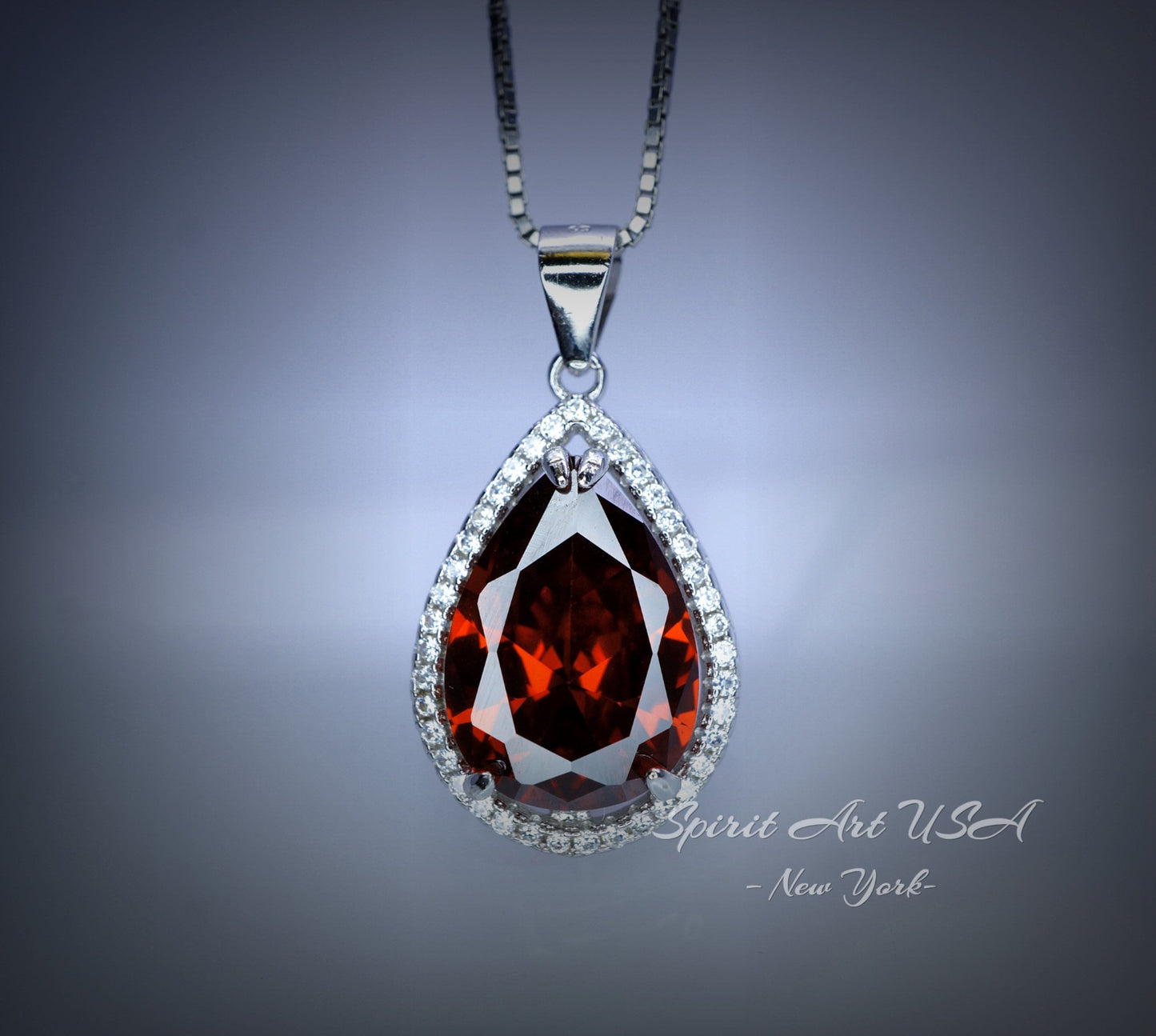 Large Teardrop Garnet Necklace - 5.5 CT Spessartite Garnet Pendant - 18kgp@ sterling Silver - Teardrop Halo Red Orange Garnet #772