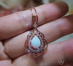 Large Opal Necklace - Rose Gold Coated 925 Sterling Silver Flower Leaf style - Teardrop Opal Pendant #608