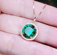 Large Rose Gold Emerald Necklace - 4 CT Round Green Emerald Gemstone Pendant - Sterling Silver Circle Halo Green Gemstone Jewelry #444