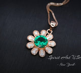 Emerald Necklace - Rose Gold Coated Sterling Silver Sunflower Necklace - Tiny Green Emerald Jewelry 089