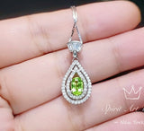 Genuine Peridot Necklace - Double Halo Sterling Silver Tiny Teardrop Natural Peridot Jewelry #369