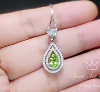 Genuine Peridot Necklace - Double Halo Sterling Silver Tiny Teardrop Natural Peridot Jewelry #369