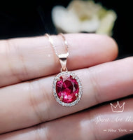 Solitaire Ruby Necklace, Rose Gold Sterling Silver Oval Red Ruby Jewelry - High Quality Gemstone Halo Ruby Pendant #129