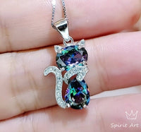 Cat Rainbow Mystic Topaz Necklace - Gemstone Cat Kitty Pendant - White Gold Coated Sterling Silver Pets Lover Jewelry #214