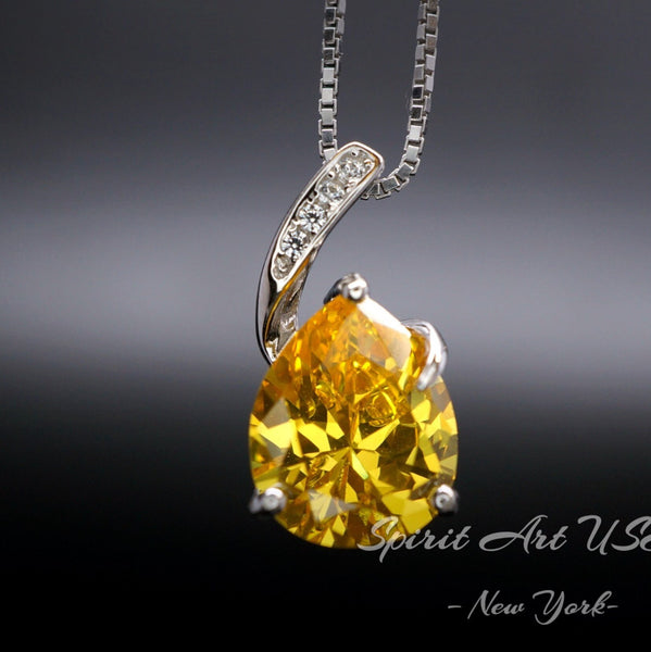 Yellow Moissanite Gemstone Necklace - Solitaire Teardrop Cut - 18KGP @ Sterling Silver - Lab Created Citrine November Birthstone #585