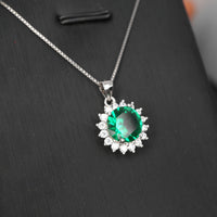 Green Emerald Necklace - Sterling Silver Princess Diana Style Sunflower Style - May Birthstone 2 Ct Lab 8mm Emerald Pendant #241