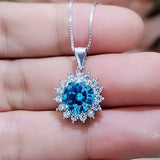 Blue Topaz Necklace - White Gold coated Sterling Silver Princess Diana Style Halo Sunflower 2 CT Blue Topaz Jewelry #171