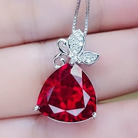 Large Trillion Cut 8 CT Ruby Necklace - Sterling Silver Butterfly Style Pendant - July Birthstone - Pigeon Blood Red Ruby Jewelry - #633