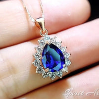 Rose Gold Teardrop Blue Sapphire Necklace Gemstone Blue Gemstone Pendant Sterling Silver Pear Halo Pear Royal Blue Jewelry #321