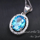 Dainty Blue Topaz Necklace - Sterling Silver Solitaire Blue Topaz Pendant - Halo Oval Gemstone Surround Jewelry #262