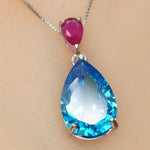 Teardrop Topaz Necklace Sterling Silver 6 CT 18K White Gold Plated Lab Created Swiss Blue Blue Topaz Pendant #782