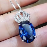 Large Gemstone Crown Sapphire Necklace - 18KGP @ Sterling Silver - 5 CT Oval Cut - Lab Created Blue Sapphire Pendant #844