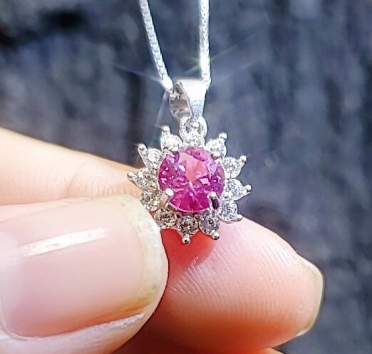 Minimalist Pink Tourmaline Necklace - 18KGP @ Sterling Silver - Sunflower Princess Diana Style - Tiny Pink Tourmaline Pendant 018