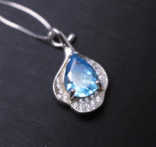 Swiss Blue Topaz Necklace - Sterling Silver High Quality Leaf Flower Petal Blue Topaz Pendant #326