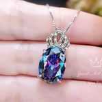 Mystic Topaz Necklace Gemstone Crown 18KGP @ Sterling Silver Large Oval - Fire Topaz Pendant - Royal 6 CT Rainbow Topaz Jewelry #846