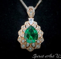 Lily Flower Emerald Necklace - 18KRGP & Sterling Silver - 3 CT Green Emerald Pendant May Birthstone Layered Double Halo Emerald Jewelry #681