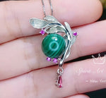 Genuine Malachite Necklace - White Gold Sterling Silver Feather Dangle Pendant - Leaf Heart Chakra Malachite Pendant Jewelry #527