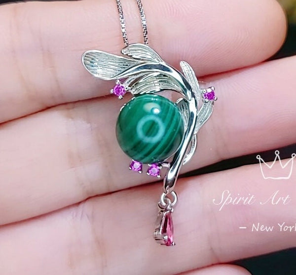 Genuine Malachite Necklace - White Gold Sterling Silver Feather Dangle Pendant - Leaf Heart Chakra Malachite Pendant Jewelry #527