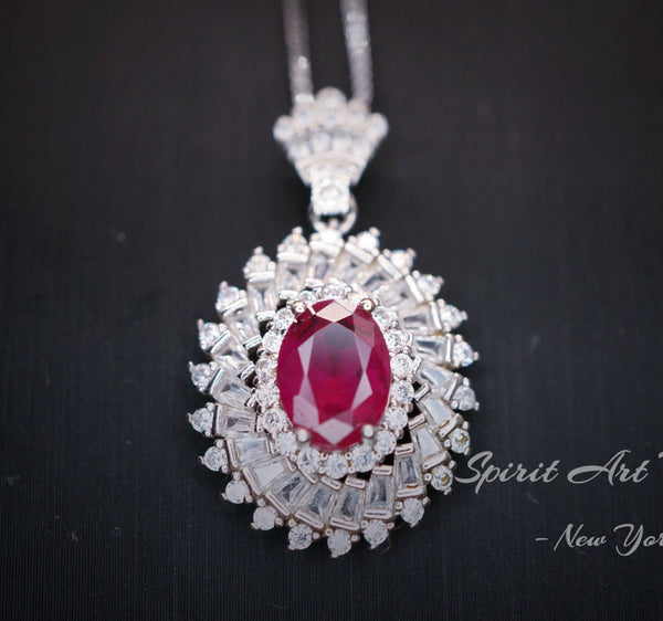 Life Spiral Red Ruby Necklace - White Gold Coated Sterling Silver Triple Gemstone Red Ruby Pendant - Royal Whirl Jewelry #796