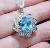 Blue Aquamarine Spiral Necklace White Gold coat Sterling Silver Gemstone Milky Way Spiral Galaxy Energy Vortexes Windmill Pendant 3 CT #817B