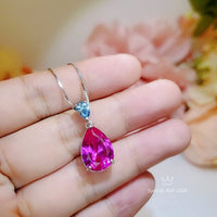 Large Pink Sapphire Necklace - 5.5 CT Teardrop Fuchsia Pink Sapphire Pendant - White Gold Coated Sterling Silver Pink Sapphire Jewelry #747