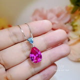 Large Pink Sapphire Necklace - 5.5 CT Teardrop Fuchsia Pink Sapphire Pendant - White Gold Coated Sterling Silver Pink Sapphire Jewelry #747