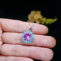 Round Pink Tourmaline Necklace - Aquamarine Halo Sunflower Style - 4 CT Pink Tourmaline Pendant - White Gold coated Sterling Silver #670