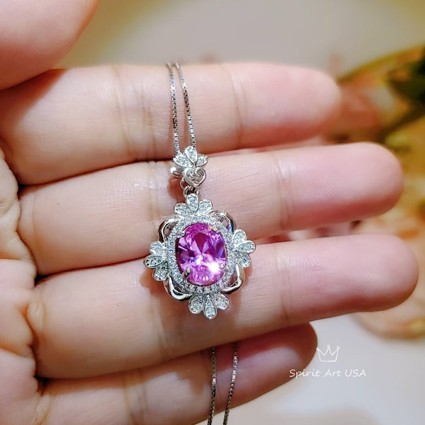 2 CT Pink Tourmaline Necklace - Royal Flower Pendant - Large Oval Fuchsia Gemstone Sterling Silver - 18KGP - Pink Tourmaline Pendant #663