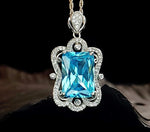 Blue Topaz Necklace Baguette Cut 18K @ Sterling Silver Large 10 Ct Rectangle Blue Topaz Pendant Gemstone Halo Solitaire Blue Topaz #803