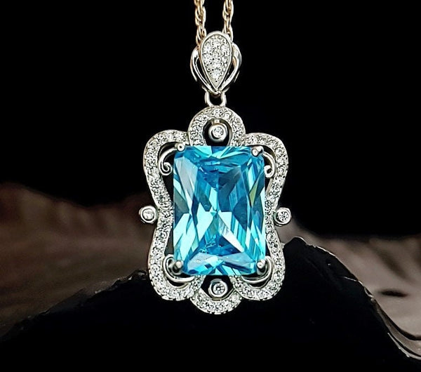 Blue Topaz Necklace Baguette Cut 18K @ Sterling Silver Large 10 Ct Rectangle Blue Topaz Pendant Gemstone Halo Solitaire Blue Topaz #803